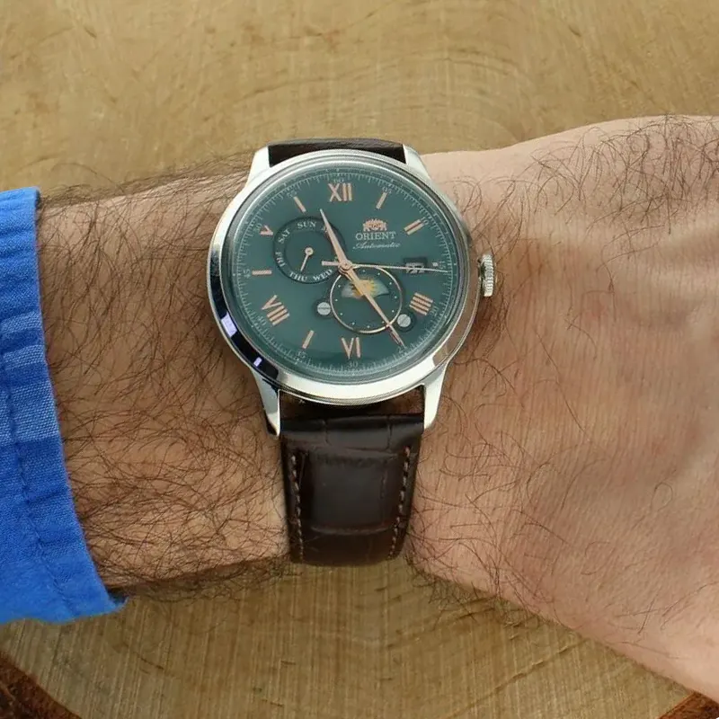 Orient Bambino Sun and Moon Green Dial Men's Watch- RA-AK0805E